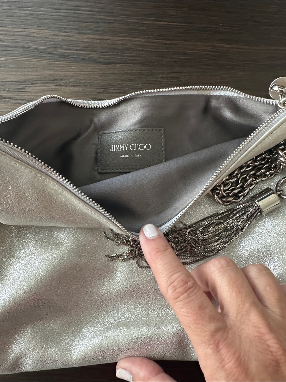 Jimmy Choo Metallic Silver Tassel Clutch